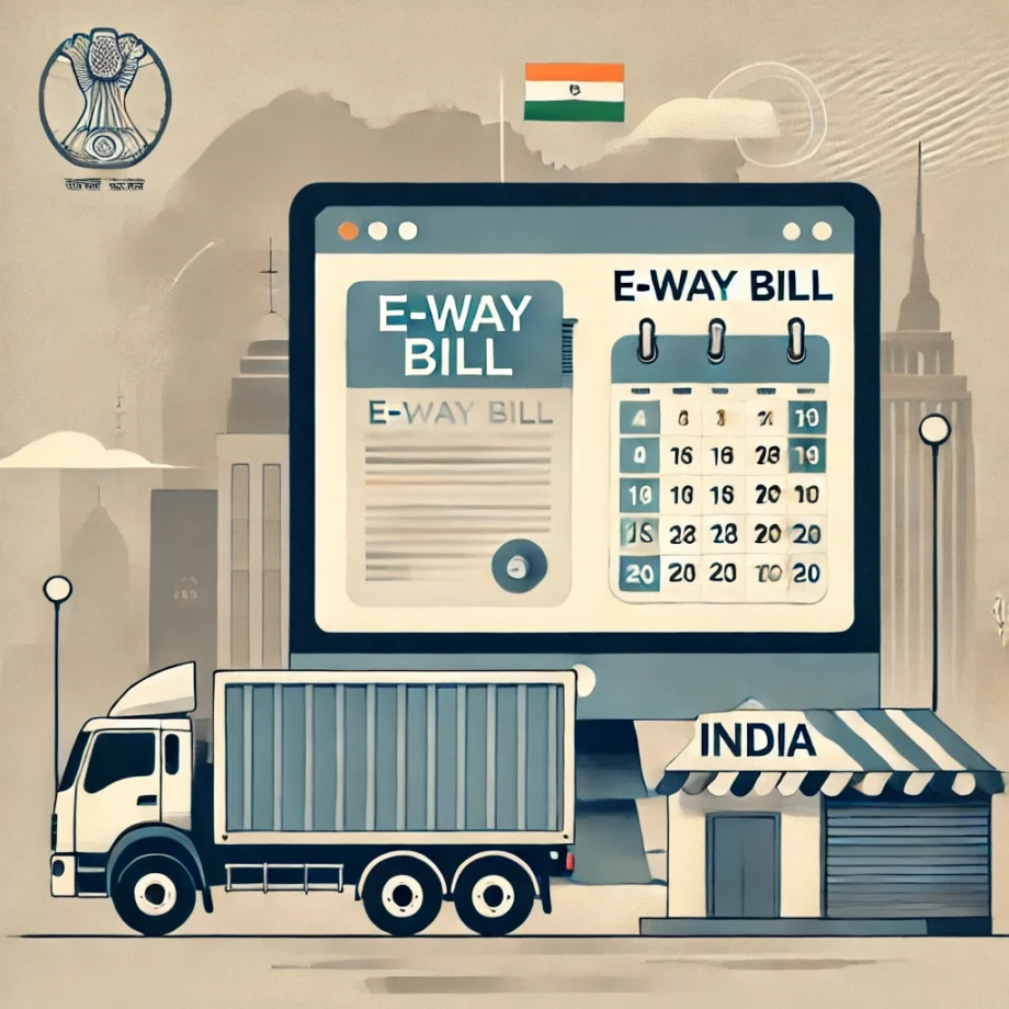 Minimalistische Illustration zum Thema E-Way-Bill-System in Indien. Ein Lkw in einer reduzierten indischen Stadt steht vor einem überdimensionalen Monitor, auf welchen E-Way Bill steht und ein Kalender abgebildet ist.
