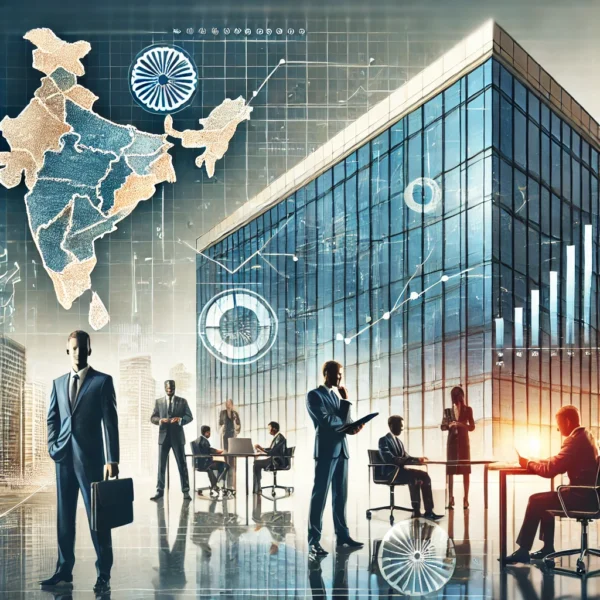 Komponiertes Bild zum Thema Unternehmen in Indien. Mehrere Geschäftsleute in unterschiedlichen Positionen vor gläsernem Geschäftsgebäude. Indische Landkarte und Zeichen im Hintergrund.