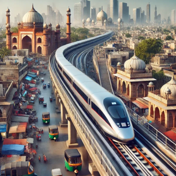 Stilisierte Illustration eines indischen Hochgeschwindigkeitszugs, welcher durch eine imaginäre indische Stadt mit neuen und alten Bauwerken rast.