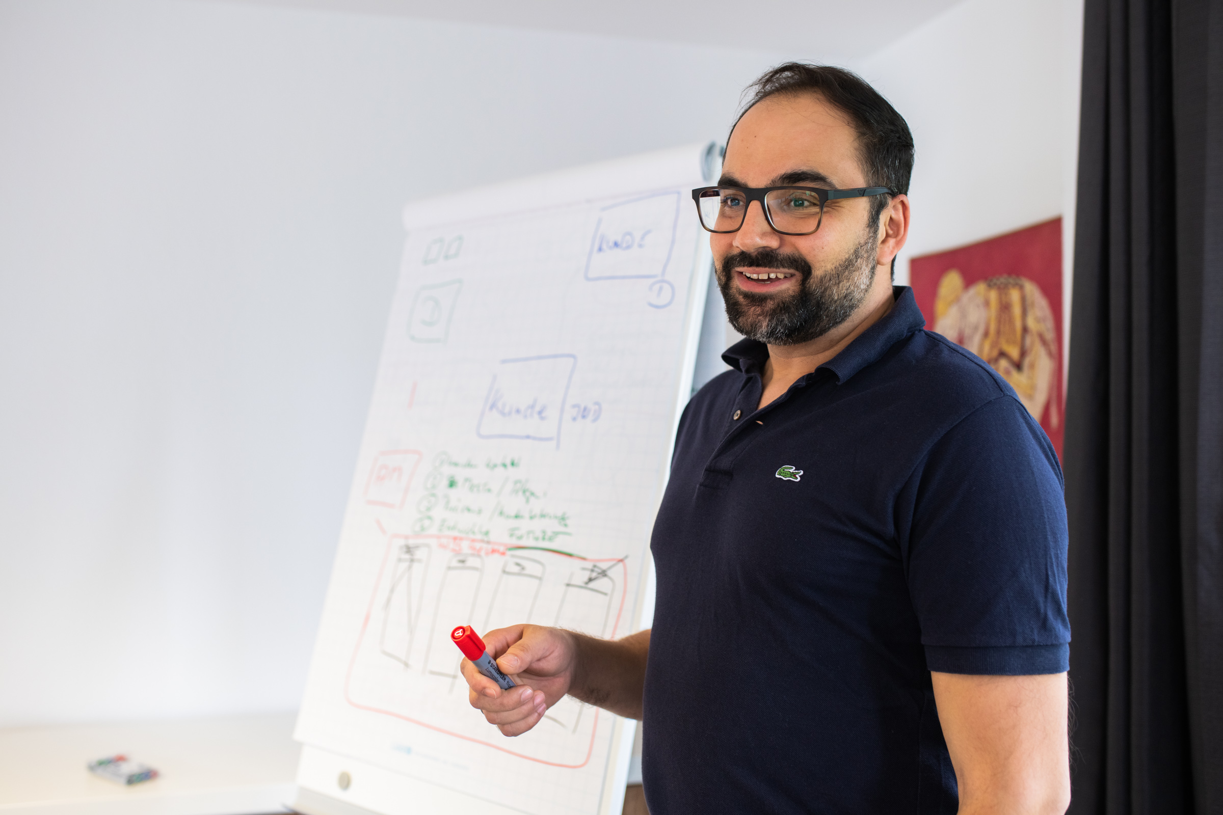 Mike D. Batra erläutert etwas am Flipchart im Wamser + Batra HQ Bochum.