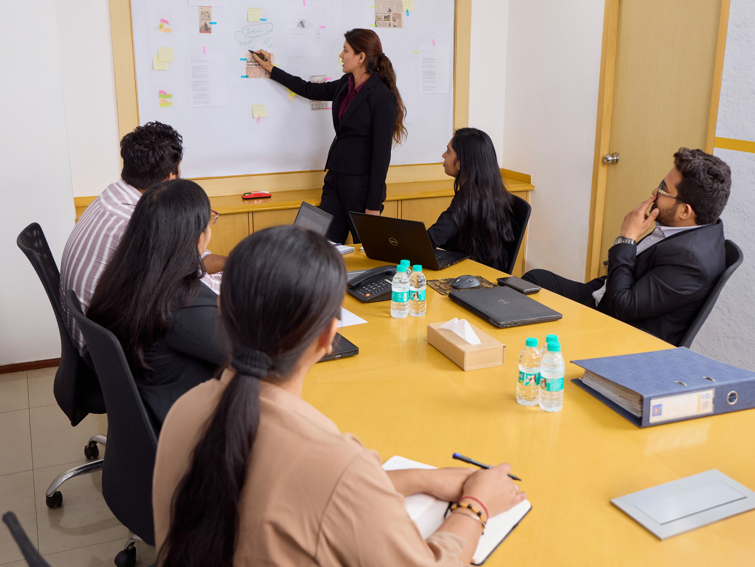 Konferenzraum des Wamser + Batra HQ Delhi. Eine Mitarbeiterin erläutert drei Kolleginnen und zwei Kollegen etwas am Flipchart.