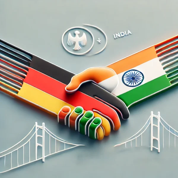 Das KI-generierte Bild stellt einen symbolischen Handschlag dar: Eine Hand ist in den Farben der deutschen, die andere in den Farben der indischen Flagge gehalten.